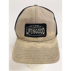 Life Is Good Keep It Simple Patch Gray Black Mesh Distressed Snapback Hat